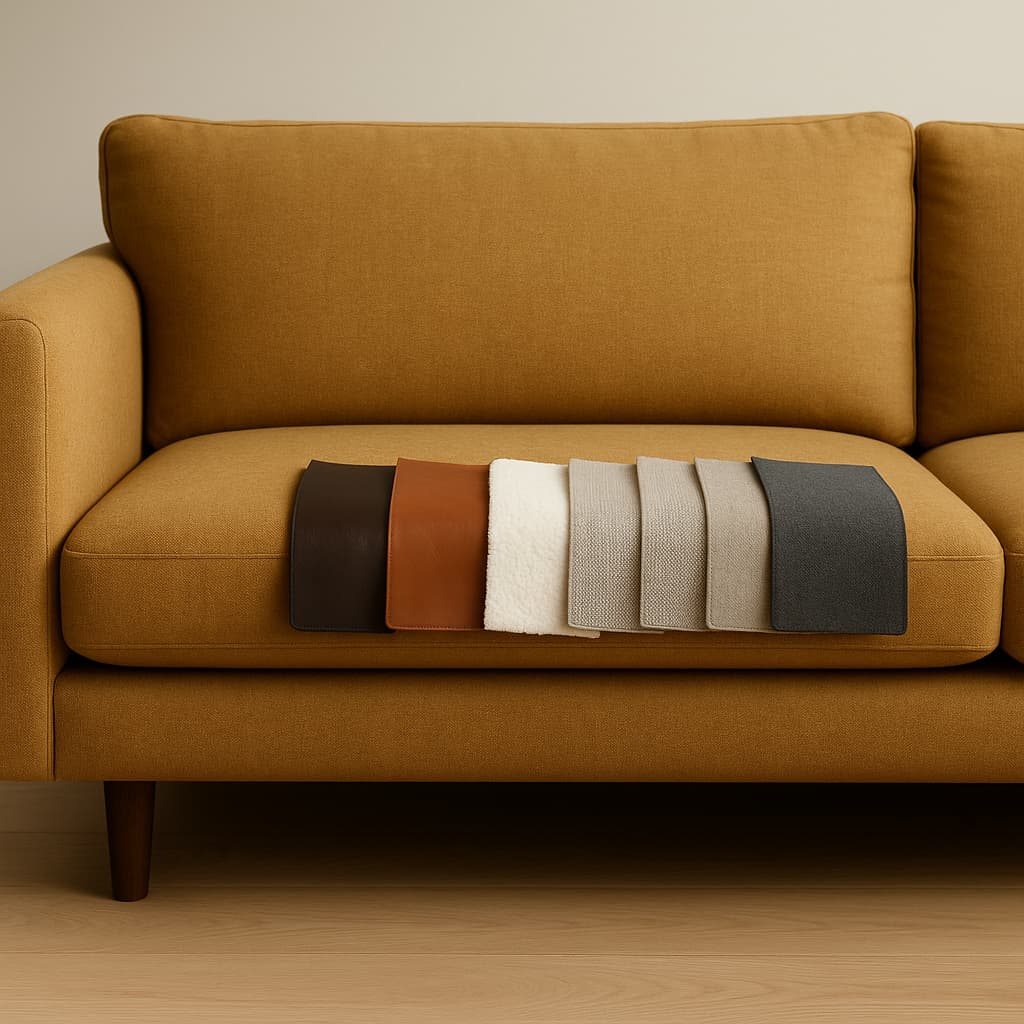 plusieurs choix de matériaux, échantillon posé sur un canapé