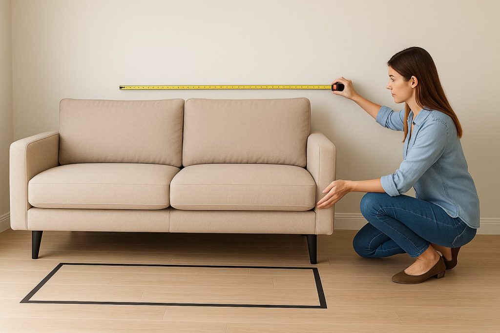 Photo d'une femme en train de prendre les mesures du canapé pour évaluer l'espace disponible